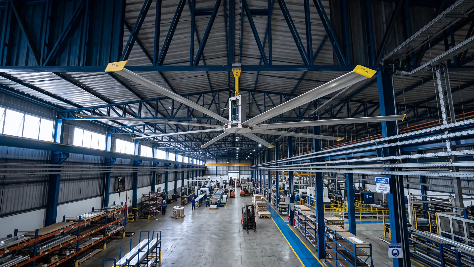 Ventiladores HVLS Visoflex de grande diâmetro instalados no teto de galpão industrial