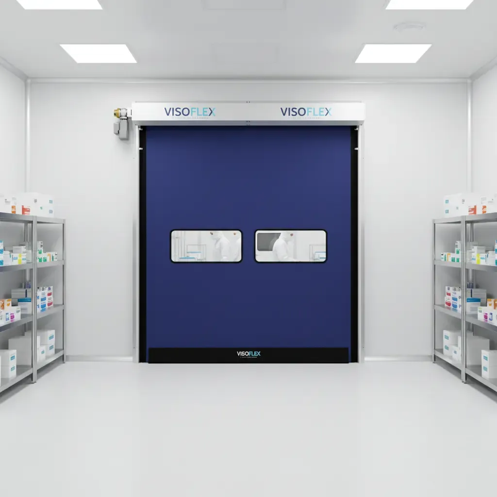 Porta rápida VFX702 Clean azul com dois visores em sala limpa com estantes